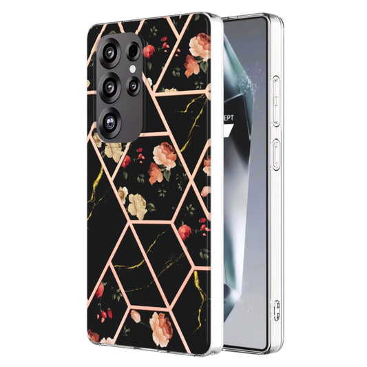 For Samsung Galaxy S25 Ultra 5G Splicing Marble Flower IMD TPU Phone Case(Black Flower) - Galaxy S25 Ultra 5G Cases by PMC Jewellery | Online Shopping South Africa | PMC Jewellery | Buy Now Pay Later Mobicred