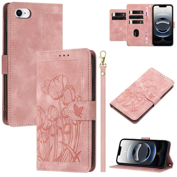 For iPhone 16e Tulips Embossed Leather Phone Case with Lanyard(Pink) - iPhone 16e Cases by PMC TechLife | Online Shopping South Africa | PMC TechLife | Buy Now Pay Later Mobicred
