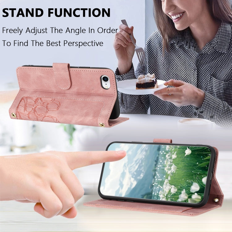 For iPhone 16e Tulips Embossed Leather Phone Case with Lanyard(Pink) - iPhone 16e Cases by PMC TechLife | Online Shopping South Africa | PMC TechLife | Buy Now Pay Later Mobicred