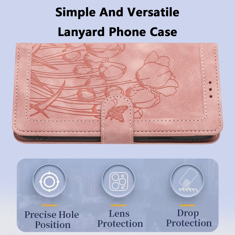 For iPhone 16e Tulips Embossed Leather Phone Case with Lanyard(Pink) - iPhone 16e Cases by PMC TechLife | Online Shopping South Africa | PMC TechLife | Buy Now Pay Later Mobicred