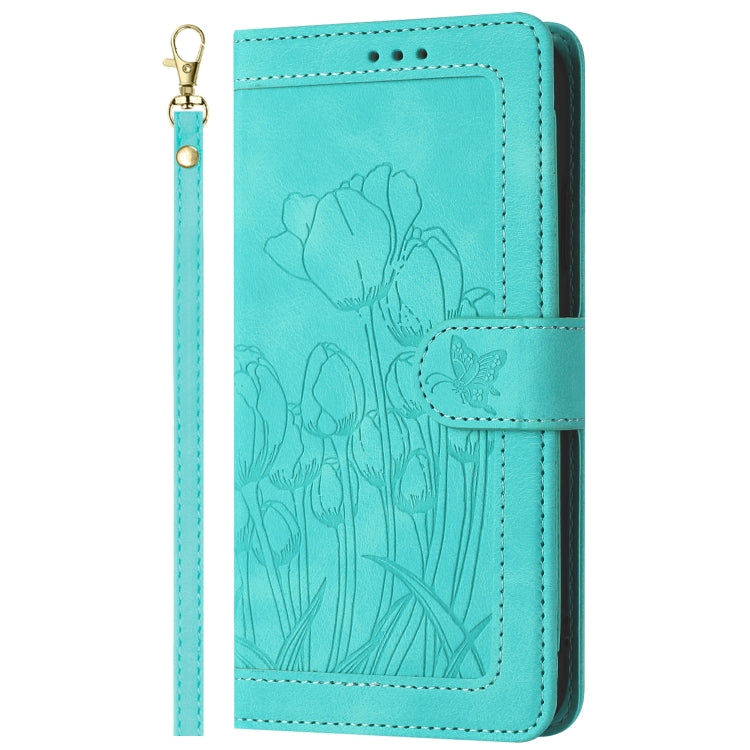 For iPhone 16e Tulips Embossed Leather Phone Case with Lanyard(Green) - iPhone 16e Cases by PMC TechLife | Online Shopping South Africa | PMC TechLife | Buy Now Pay Later Mobicred