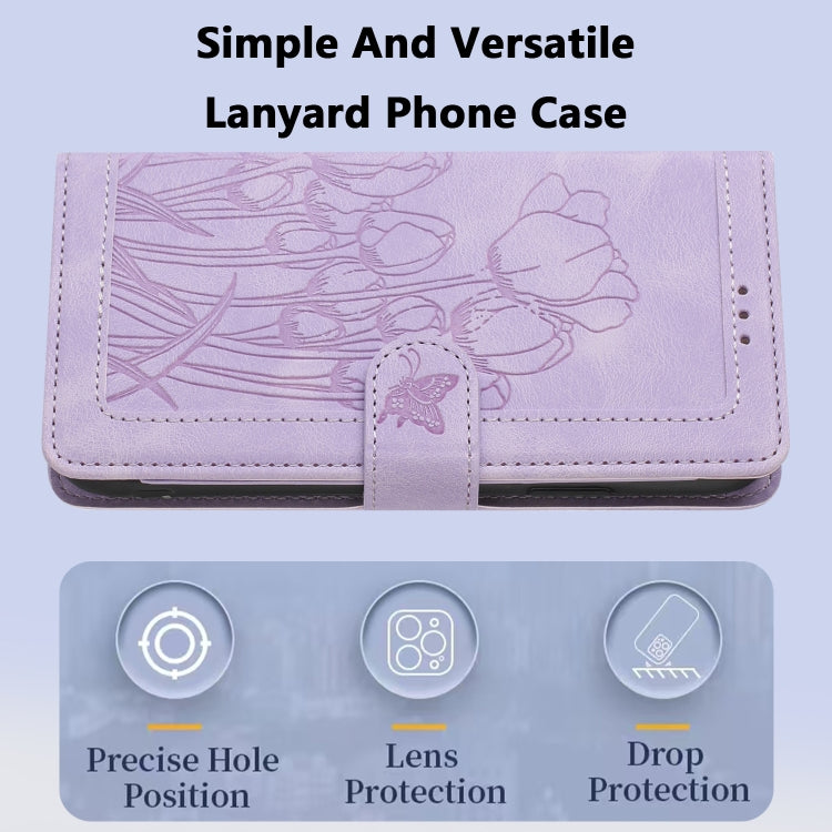 For iPhone 16e Tulips Embossed Leather Phone Case with Lanyard(Purple) - iPhone 16e Cases by PMC TechLife | Online Shopping South Africa | PMC TechLife | Buy Now Pay Later Mobicred