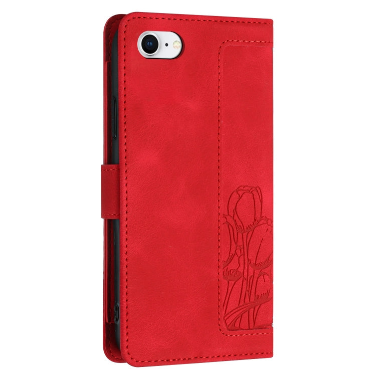 For iPhone 16e Tulips Embossed Leather Phone Case with Lanyard(Red) - iPhone 16e Cases by PMC TechLife | Online Shopping South Africa | PMC TechLife | Buy Now Pay Later Mobicred