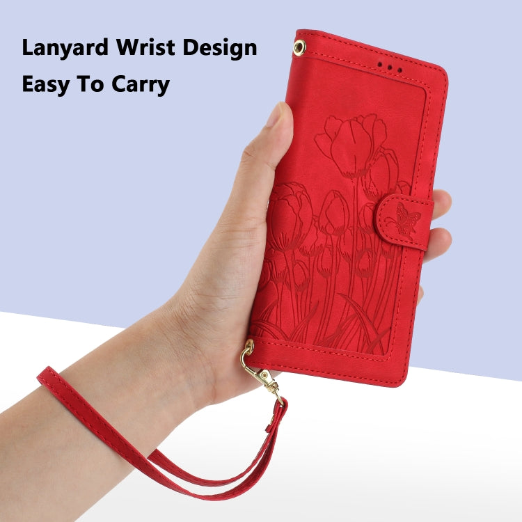 For iPhone 16e Tulips Embossed Leather Phone Case with Lanyard(Red) - iPhone 16e Cases by PMC TechLife | Online Shopping South Africa | PMC TechLife | Buy Now Pay Later Mobicred