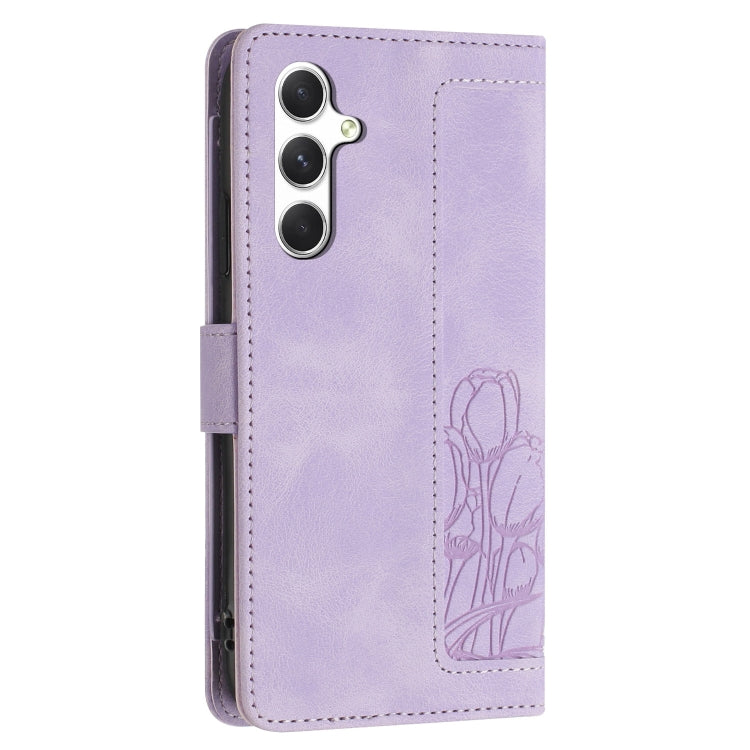 For Samsung Galaxy S25+ 5G Tulips Embossed Leather Phone Case with Lanyard(Purple) - Galaxy S25+ 5G Cases by PMC Jewellery | Online Shopping South Africa | PMC Jewellery | Buy Now Pay Later Mobicred