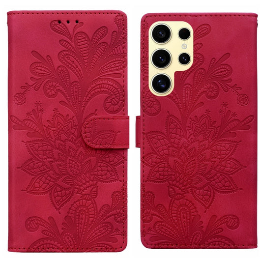 For Samsung Galaxy S25 Ultra 5G Lace Floral Embossed Magnetic Buckle PU Phone Case With Wrist Strap(Red) - Galaxy S25 Ultra 5G Cases by PMC Jewellery | Online Shopping South Africa | PMC Jewellery | Buy Now Pay Later Mobicred