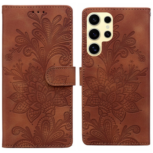 For Samsung Galaxy S25 Ultra 5G Lace Floral Embossed Magnetic Buckle PU Phone Case With Wrist Strap(Brown) - Galaxy S25 Ultra 5G Cases by PMC Jewellery | Online Shopping South Africa | PMC Jewellery | Buy Now Pay Later Mobicred