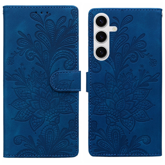 For Samsung Galaxy S25 5G Lace Floral Embossed Magnetic Buckle PU Phone Case With Wrist Strap(Blue) - Galaxy S25 5G Cases by PMC Jewellery | Online Shopping South Africa | PMC Jewellery | Buy Now Pay Later Mobicred