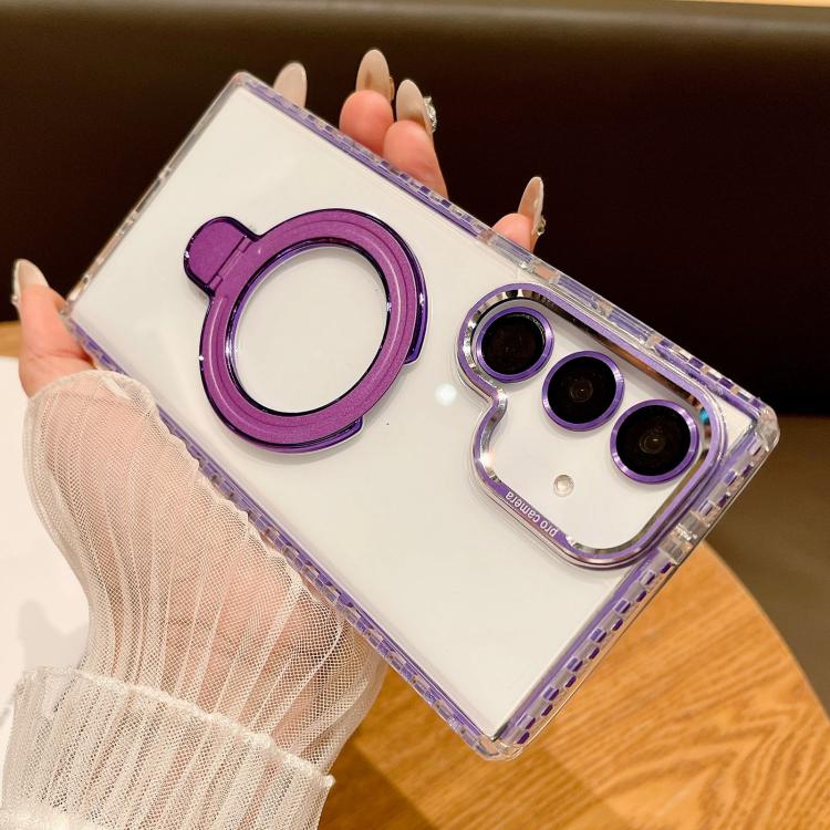 For Samsung Galaxy S25 5G Transparent MagSafe Holder Phone Case with Lens Film(Purple) - Galaxy S25 5G Cases by PMC Jewellery | Online Shopping South Africa | PMC Jewellery | Buy Now Pay Later Mobicred