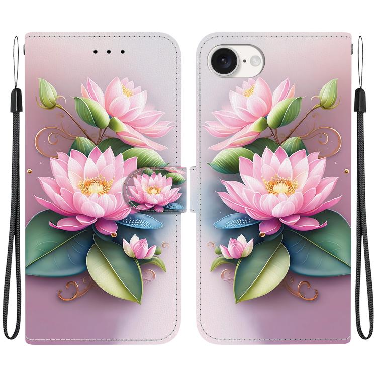 For iPhone 16e Crystal Texture Colored Drawing Leather Phone Case(Lotus) - iPhone 16e Cases by PMC TechLife | Online Shopping South Africa | PMC TechLife | Buy Now Pay Later Mobicred