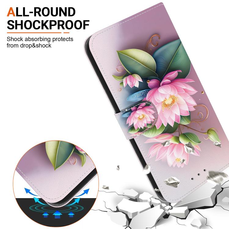 For iPhone 16e Crystal Texture Colored Drawing Leather Phone Case(Lotus) - iPhone 16e Cases by PMC TechLife | Online Shopping South Africa | PMC TechLife | Buy Now Pay Later Mobicred
