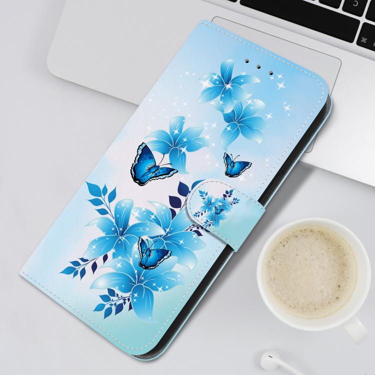 For iPhone 16e Crystal Texture Colored Drawing Leather Phone Case(Blue Butterflies) - iPhone 16e Cases by PMC TechLife | Online Shopping South Africa | PMC TechLife | Buy Now Pay Later Mobicred