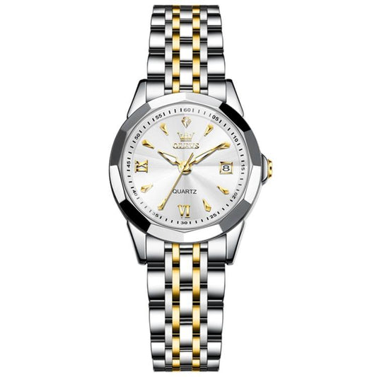 OLEVS 9998 Women Diamond Face Dual Calendar Waterproof Quartz Watch(White + Gold) - Metal Strap Watches by OLEVS | Online Shopping South Africa | PMC Jewellery | Buy Now Pay Later Mobicred