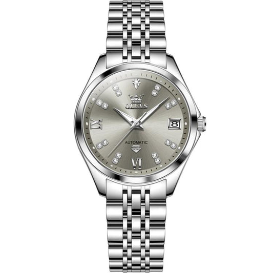 OLEVS 9801 Women Diamond Waterproof Single Calendar Mechanical Watch(Grey) - Metal Strap Watches by OLEVS | Online Shopping South Africa | PMC Jewellery | Buy Now Pay Later Mobicred