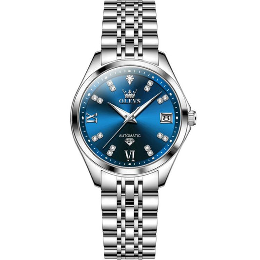 OLEVS 9801 Women Diamond Waterproof Single Calendar Mechanical Watch(Blue) - Metal Strap Watches by OLEVS | Online Shopping South Africa | PMC Jewellery | Buy Now Pay Later Mobicred