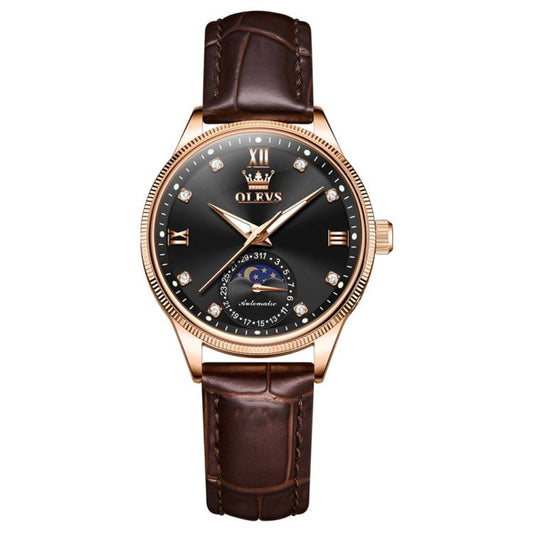 OLEVS 7039 Women Sun Moon Star Luminous Waterproof Mechanical Watch(Rose Gold + Black) - Leather Strap Watches by OLEVS | Online Shopping South Africa | PMC Jewellery | Buy Now Pay Later Mobicred