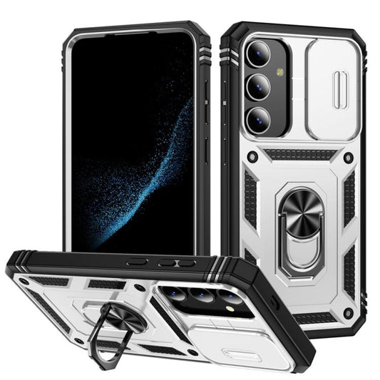 For Samsung Galaxy S25+ 5G Sliding Camshield TPU Hybrid PC Phone Case with Holder(White+Black) - Galaxy S25+ 5G Cases by PMC Jewellery | Online Shopping South Africa | PMC Jewellery | Buy Now Pay Later Mobicred