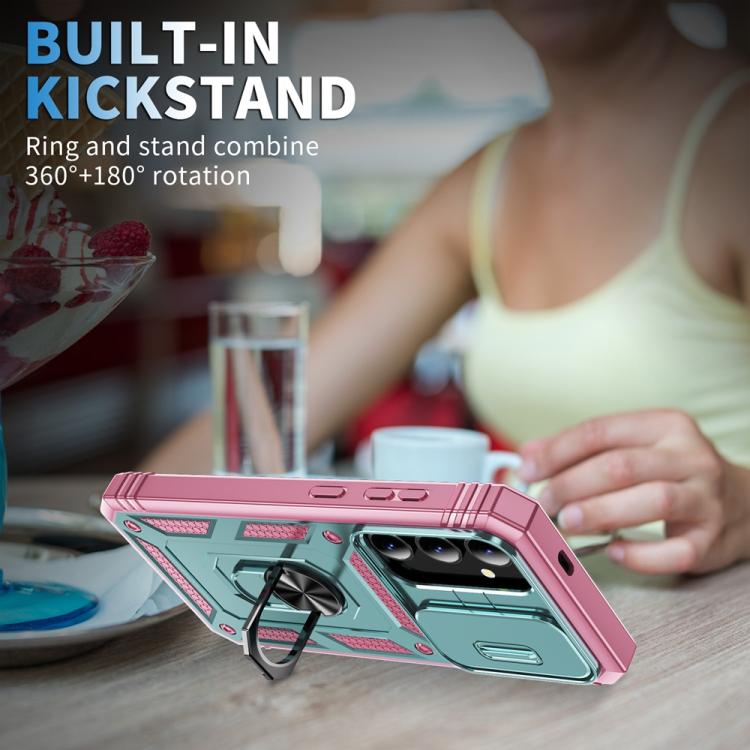 For Samsung Galaxy S25+ 5G Sliding Camshield TPU Hybrid PC Phone Case with Holder(Green+Pink) - Galaxy S25+ 5G Cases by PMC Jewellery | Online Shopping South Africa | PMC Jewellery | Buy Now Pay Later Mobicred