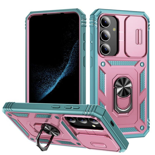 For Samsung Galaxy S25 5G Sliding Camshield TPU Hybrid PC Phone Case with Holder(Pink+Green) - Galaxy S25 5G Cases by PMC Jewellery | Online Shopping South Africa | PMC Jewellery | Buy Now Pay Later Mobicred