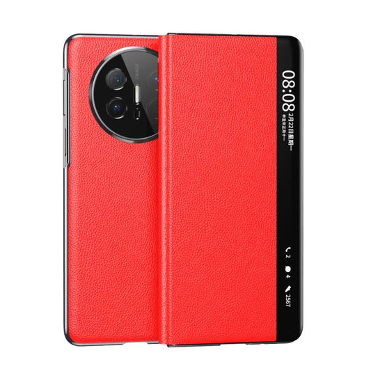 For Huawei Mate X6 Electroplating Litchi Pattern Grain Leather Smart Window MagSafe Phone Leather Case(Red) - Huawei Cases by PMC Jewellery | Online Shopping South Africa | PMC Jewellery | Buy Now Pay Later Mobicred