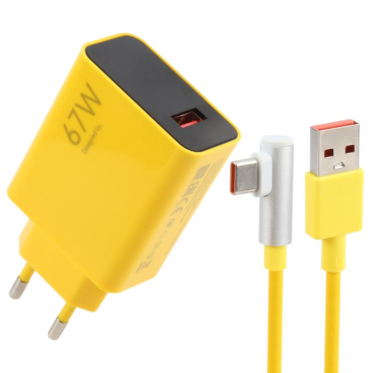 67W USB Fast Charger with 1m USB to Elbow Type-C Cable, Plug Type:EU Plug(Yellow) - USB Charger by PMC TechLife | Online Shopping South Africa | PMC TechLife | Buy Now Pay Later Mobicred