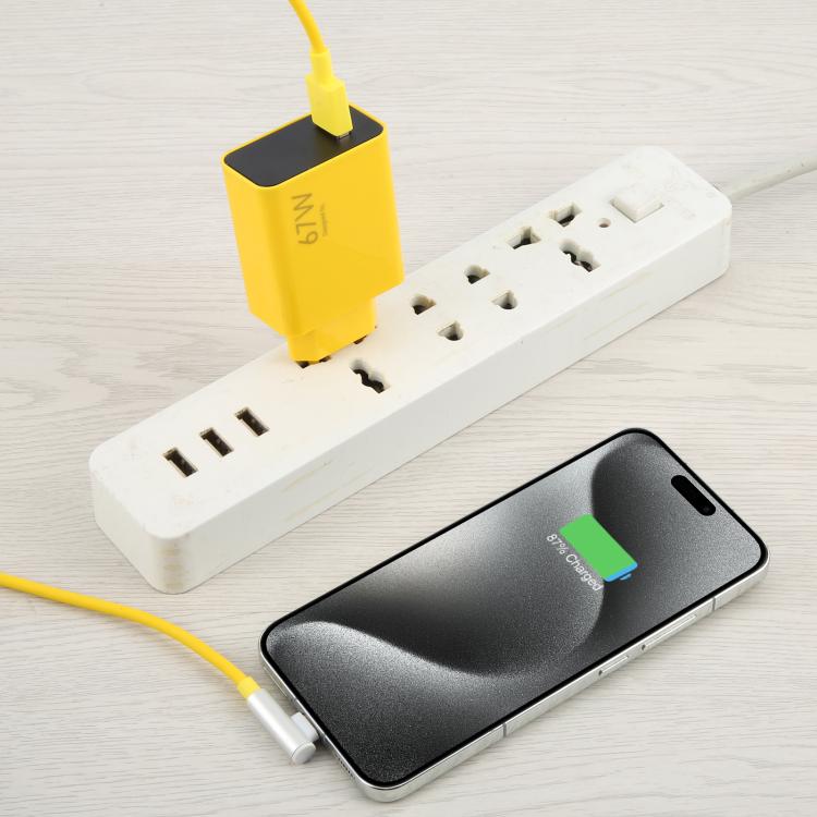67W USB Fast Charger with 1m USB to Elbow Type-C Cable, Plug Type:EU Plug(Yellow) - USB Charger by PMC TechLife | Online Shopping South Africa | PMC TechLife | Buy Now Pay Later Mobicred