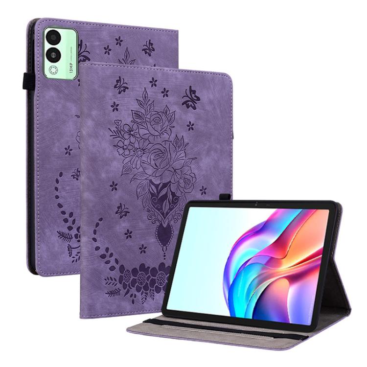 For Tecno Megapad 11 Butterfly Rose Embossed Leather Tablet Case(Purple) - Others by PMC TechLife | Online Shopping South Africa | PMC TechLife | Buy Now Pay Later Mobicred