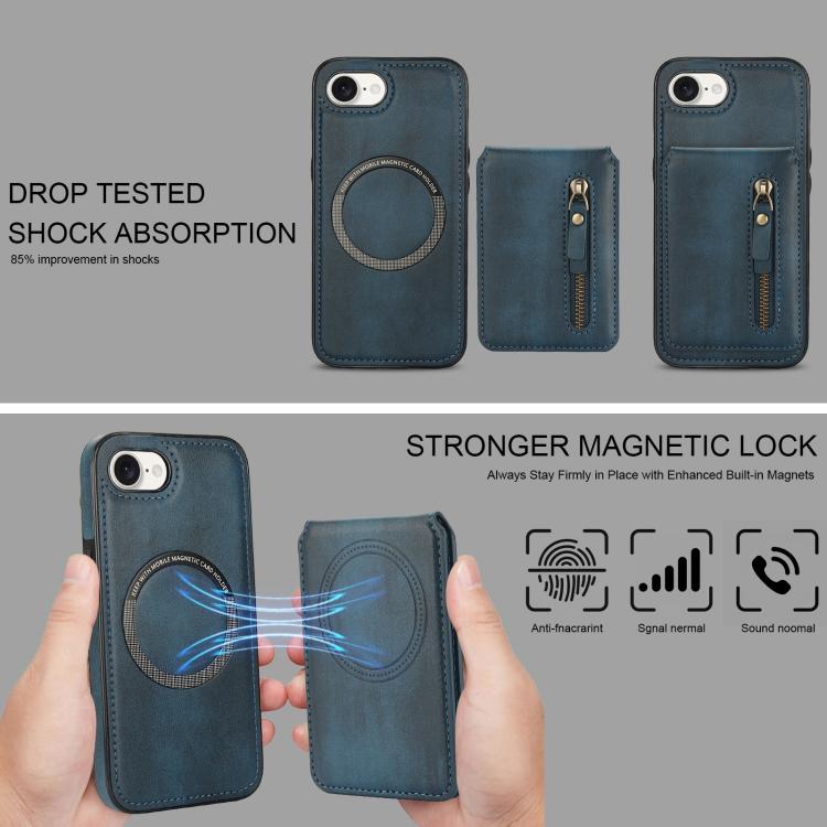 For iPhone 16e Zipper Wallet Split MagSafe Leather Back Phone Case(Blue) - iPhone 16e Cases by PMC TechLife | Online Shopping South Africa | PMC TechLife | Buy Now Pay Later Mobicred