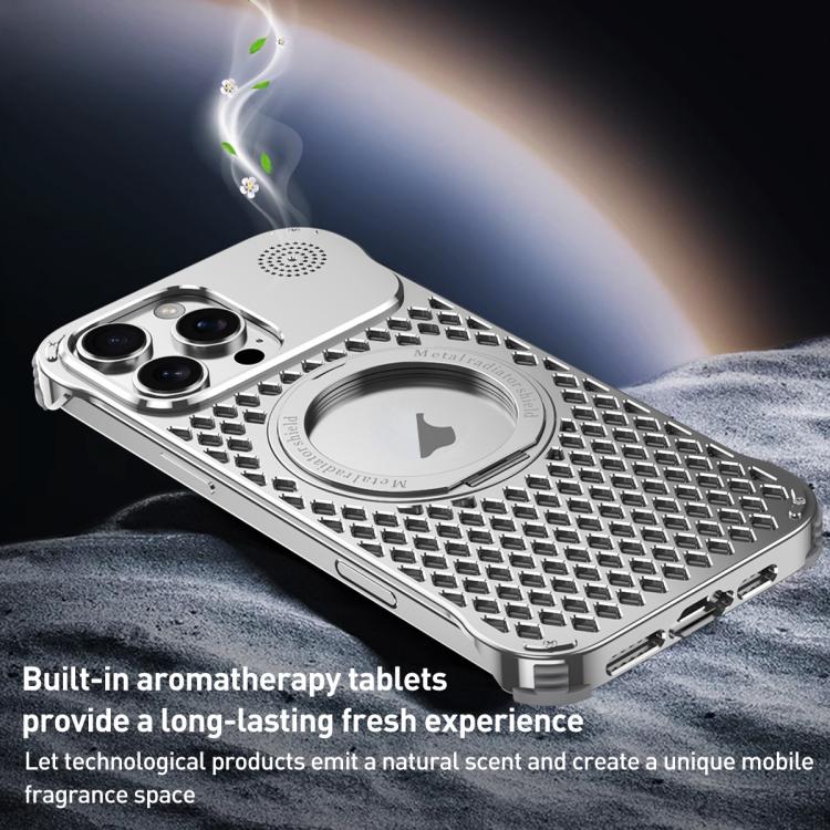 For iPhone 16 Pro Max R-JUST RJ-64 Aromatherapy Heat Dissipation MagSafe Phone Case with Stand(Silver) - free shipping - PMc TechLife - Order now!