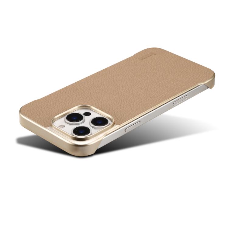 For iPhone 15 Plus / 14 Plus Denior A20 Genuine Leather Litchi Texture MagSafe Frameless Phone Case(Khaki) - free shipping - PMc TechLife - Order now!