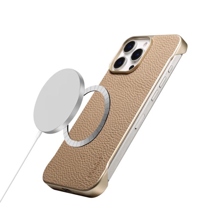 For iPhone 15 Pro Max Denior A20 Genuine Leather Litchi Texture MagSafe Frameless Phone Case(Khaki) - free shipping - PMc TechLife - Order now!