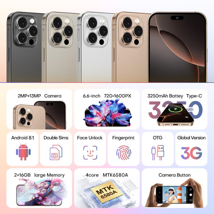 A88 / i16 Pro Max, 2GB+16GB, 6.6 inch Android 8.1 MTK6580A Quad Core, OTG, Network: 3G, Dual SIM, Plug:EU Plug(Titanium Black) - free shipping - PMc TechLife - Order now!