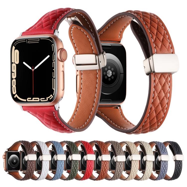 For Apple Watch 42mm / 41mm / 40mm / 38mm Kalebol Diamond Pattern Magnetic Buckle Leather Strap(Red) - Watch Bands by Kalebol | Online Shopping South Africa | PMC TechLife | Buy Now Pay Later Mobicred