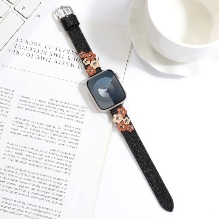 For Apple Watch 46mm / 49mm / 45mm / 44mm Kalebol Studded Flower Leather Strap(Black) - free shipping - PMC TechLife - Order now!