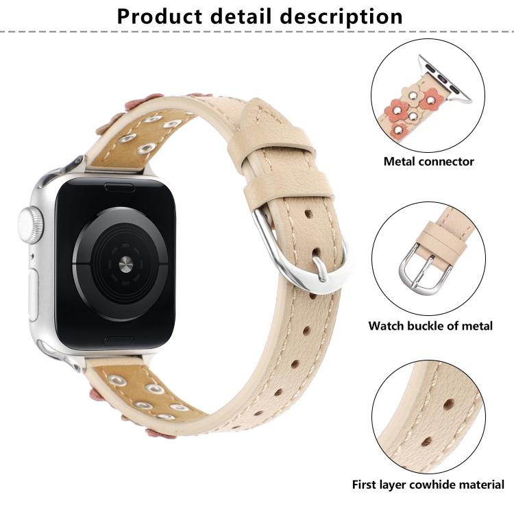 For Apple Watch 46mm / 49mm / 45mm / 44mm Kalebol Studded Flower Leather Strap(Black) - free shipping - PMC TechLife - Order now!