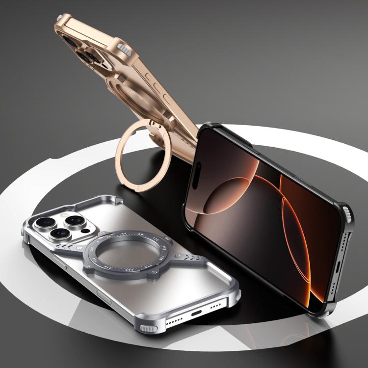 For iPhone 16 Pro Max S Shaped 360 Holder Airbag Frameless MagSafe Metal Phone Case(Black) - free shipping - PMC TechLife - Order now!