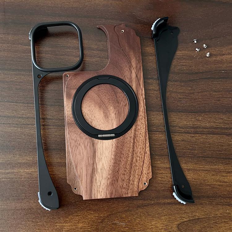 For iPhone 16 Pro Max Walnut Metal Frameless 360 Degree Rotation Holder MagSafe Phone Case(Silver) - free shipping - PMC TechLife - Order now!