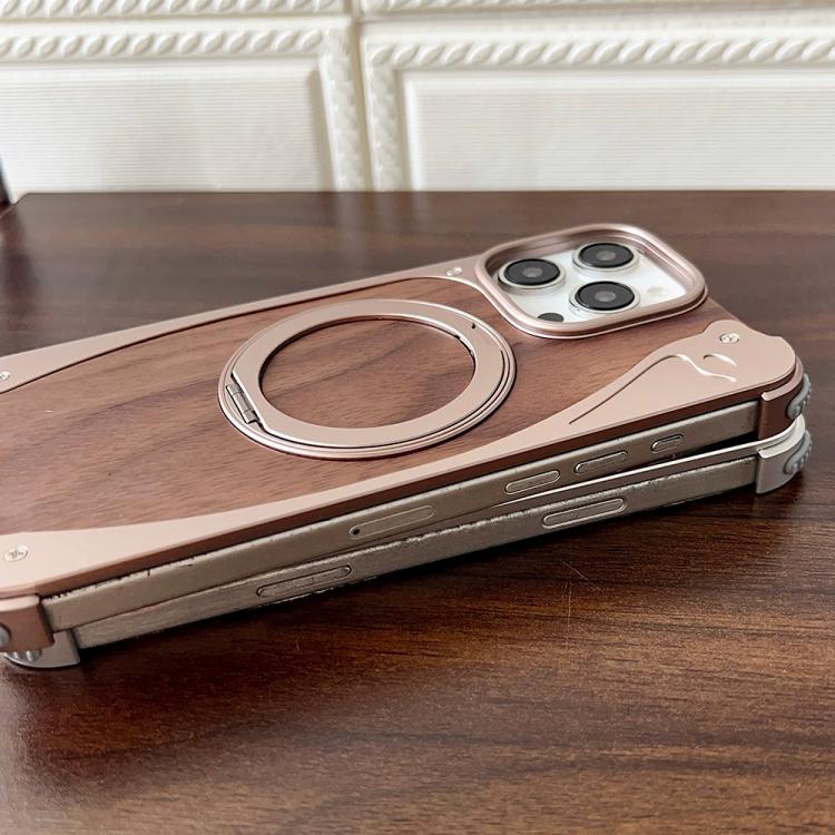 For iPhone 15 Pro Max Walnut Metal Frameless 360 Degree Rotation Holder MagSafe Phone Case(Silver) - free shipping - PMC TechLife - Order now!
