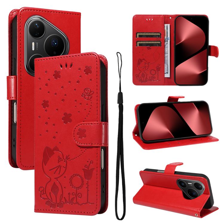For Huawei Pura 80 Pro 5G Cat and Bee Embossed Flip Leather Phone Case(Red) - free shipping - PMC TechLife - Order now!