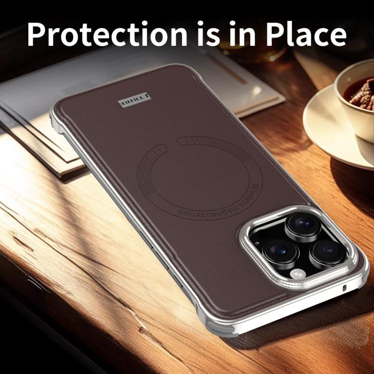 For iPhone 16 J TRIBE Metal Frameless Plain Leather MagSafe Phone Case(Brown) - free shipping - PMC TechLife - Order now!