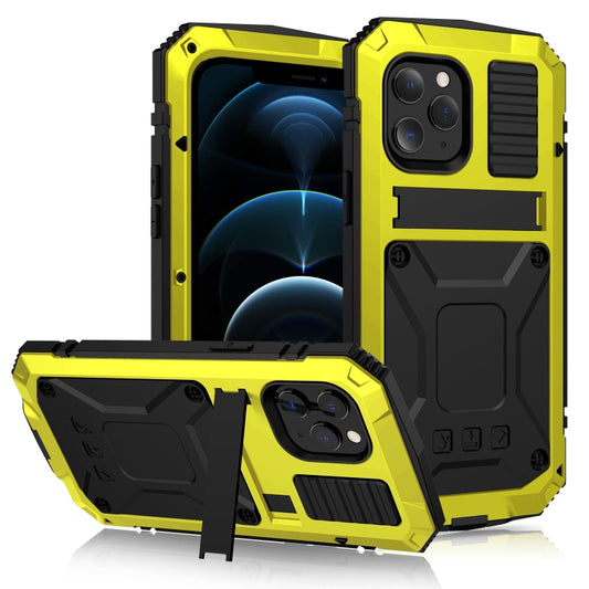 For iPhone 12 Pro Max R-JUST Shockproof Waterproof Dust-proof Metal + Silicone Protective Case with Holder(Yellow) - iPhone 12 Pro Max Cases by R-JUST | Online Shopping South Africa | PMC Jewellery | Buy Now Pay Later Mobicred