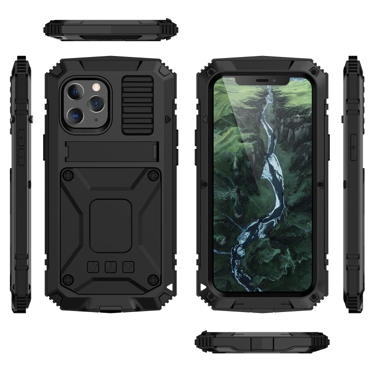 For iPhone 12 / 12 Pro R-JUST Shockproof Waterproof Dust-proof Metal + Silicone Protective Case with Holder(Black) - iPhone 12 / 12 Pro Cases by R-JUST | Online Shopping South Africa | PMC Jewellery