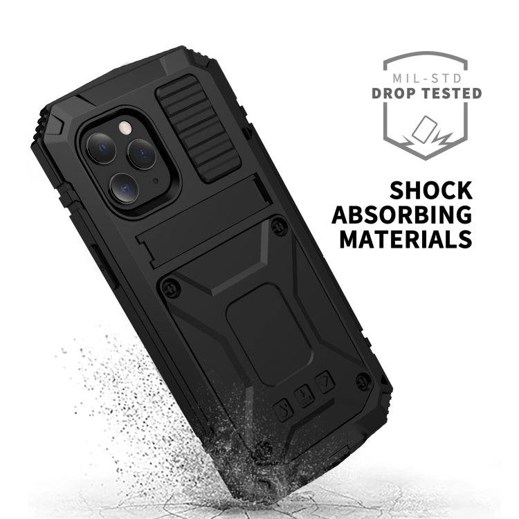 For iPhone 12 / 12 Pro R-JUST Shockproof Waterproof Dust-proof Metal + Silicone Protective Case with Holder(Black) - iPhone 12 / 12 Pro Cases by R-JUST | Online Shopping South Africa | PMC Jewellery | Buy Now Pay Later Mobicred