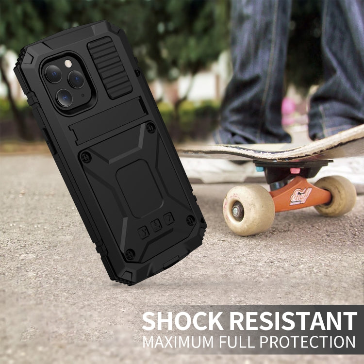 For iPhone 12 mini R-JUST Shockproof Waterproof Dust-proof Metal + Silicone Protective Case with Holder (Black) - iPhone 12 mini Cases by R-JUST | Online Shopping South Africa | PMC Jewellery | Buy Now Pay Later Mobicred