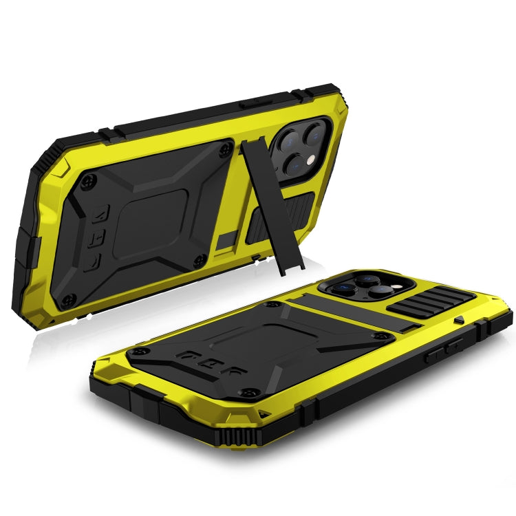 For iPhone 12 mini R-JUST Shockproof Waterproof Dust-proof Metal + Silicone Protective Case with Holder (Yellow) - iPhone 12 mini Cases by R-JUST | Online Shopping South Africa | PMC Jewellery | Buy Now Pay Later Mobicred