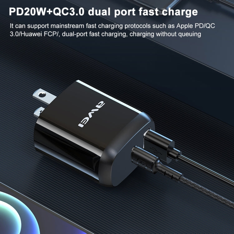 awei PD3 20W PD Type-C + QC 3.0 USB Interface Fast Charging Travel Charger with Data Cable, US Plug - USB Charger by awei | Online Shopping South Africa | PMC Jewellery | Buy Now Pay Later Mobicred