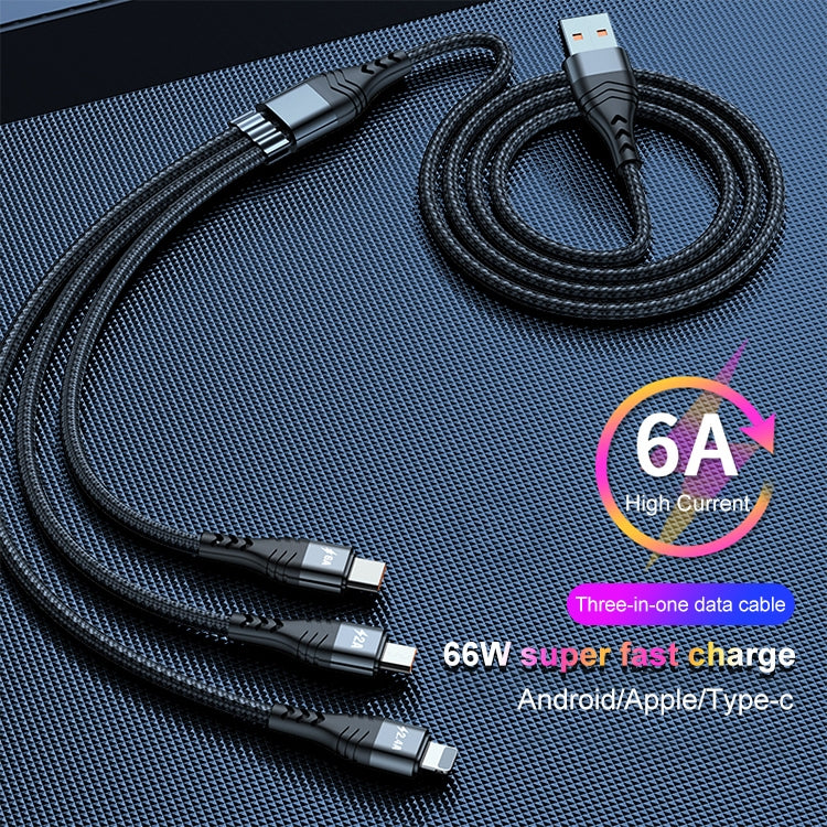 ADC-138 66W 3 in 1 USB to 8 Pin + Micro USB + USB-C / Type-C Fast Charging Braided Data Cable, Cable Length: 1.2m(Grey) - Multifunction Cable by PMC Jewellery | Online Shopping South Africa | PMC Jewellery | Buy Now Pay Later Mobicred