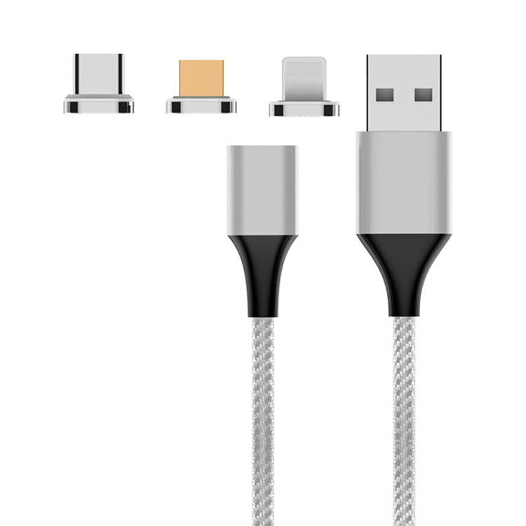 M11 3 in 1 5A USB to 8 Pin + Micro USB + USB-C / Type-C Nylon Braided Magnetic Data Cable, Cable Length: 2m (Silver) - Charging Cable & Head by PMC Jewellery | Online Shopping South Africa | PMC Jewellery | Buy Now Pay Later Mobicred