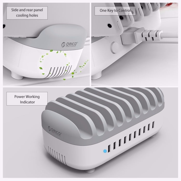 ORICO DUK-10P 120W 10 USB Ports Smart Charging Station with Phone & Tablet Stand, US Plug(White) - Multifunction Charger by ORICO | Online Shopping South Africa | PMC Jewellery | Buy Now Pay Later Mobicred