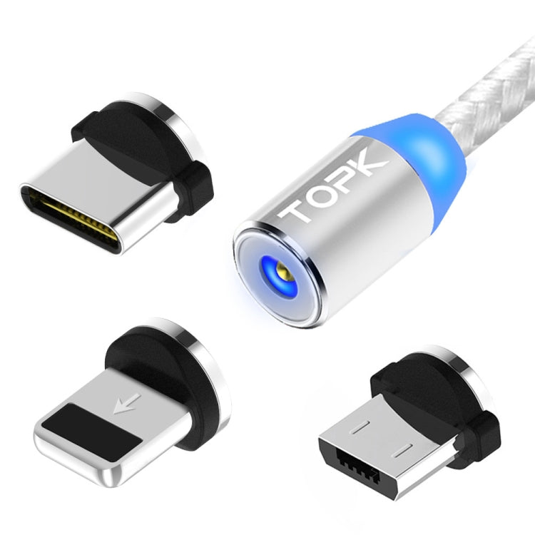 TOPK 1m 2.4A Max USB to 8 Pin + USB-C / Type-C + Micro USB Nylon Braided Magnetic Charging Cable with LED Indicator(Silver) - Charging Cable & Head by TOPK | Online Shopping South Africa | PMC Jewellery | Buy Now Pay Later Mobicred